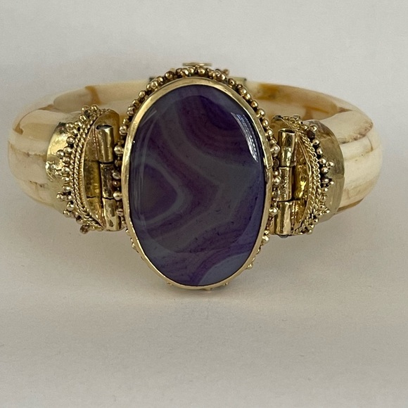 Antique style purple banded agate ox bone brass chunky hinged bangle bracelet - Picture 9 of 11
